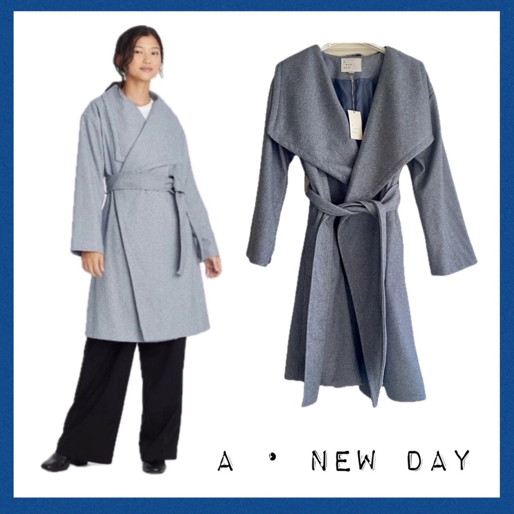 A New Day Women's Long Blue Belted Wide Lapel Wrap Coat